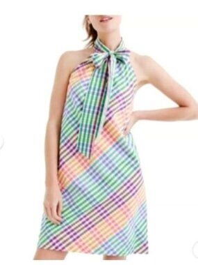 J Crew Woman's Gingham Tie Neck Cotton Sleeveless Mini Dress Rainbow size 12